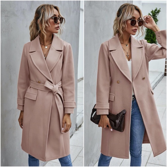 Trench Coat Double Breast Buttons belt pea coat - Picture 3 of 16